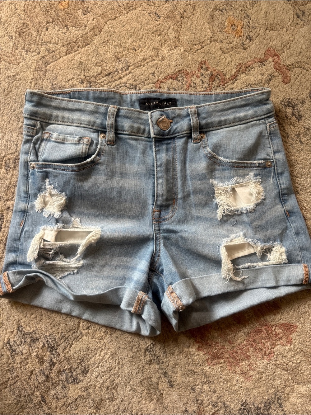 Aeropostale Light Blue Distressed Roll-Hem Denim Shorts